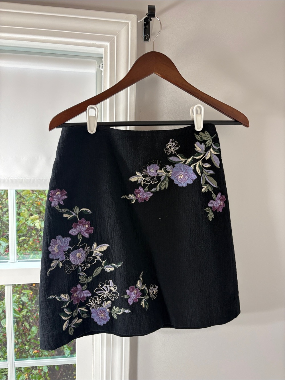 LOFT Black Mini Skirt with Purple Floral Embroidery